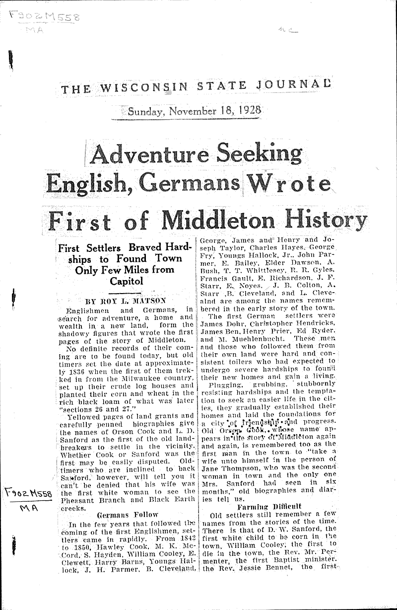Adventure seeking English, Germans wrote first of Middleton history Newspaper Article/Clipping