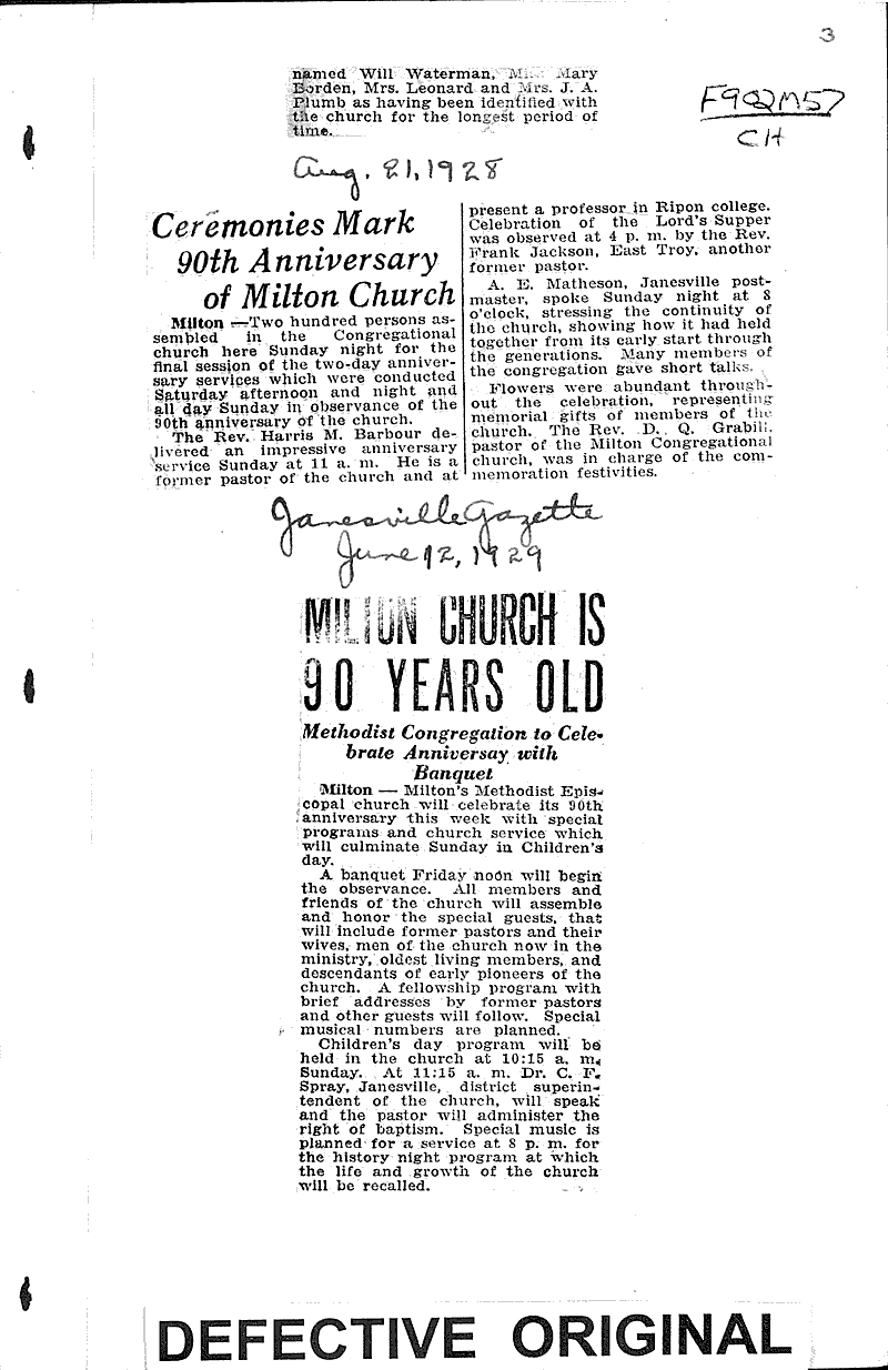  Source: Janesville Gazette Topics: Church History Date: 1928-08-17