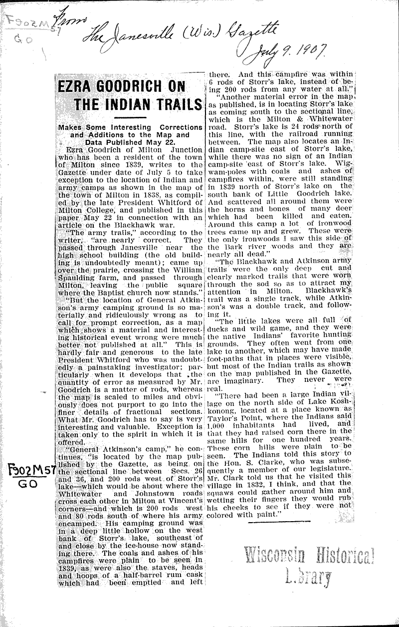 Ezra Goodrich on the indian trails Newspaper Article/Clipping