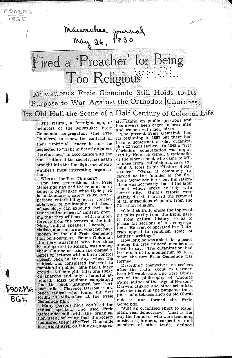  Source: Milwaukee Journal Topics: Church History Date: 1930-05-26