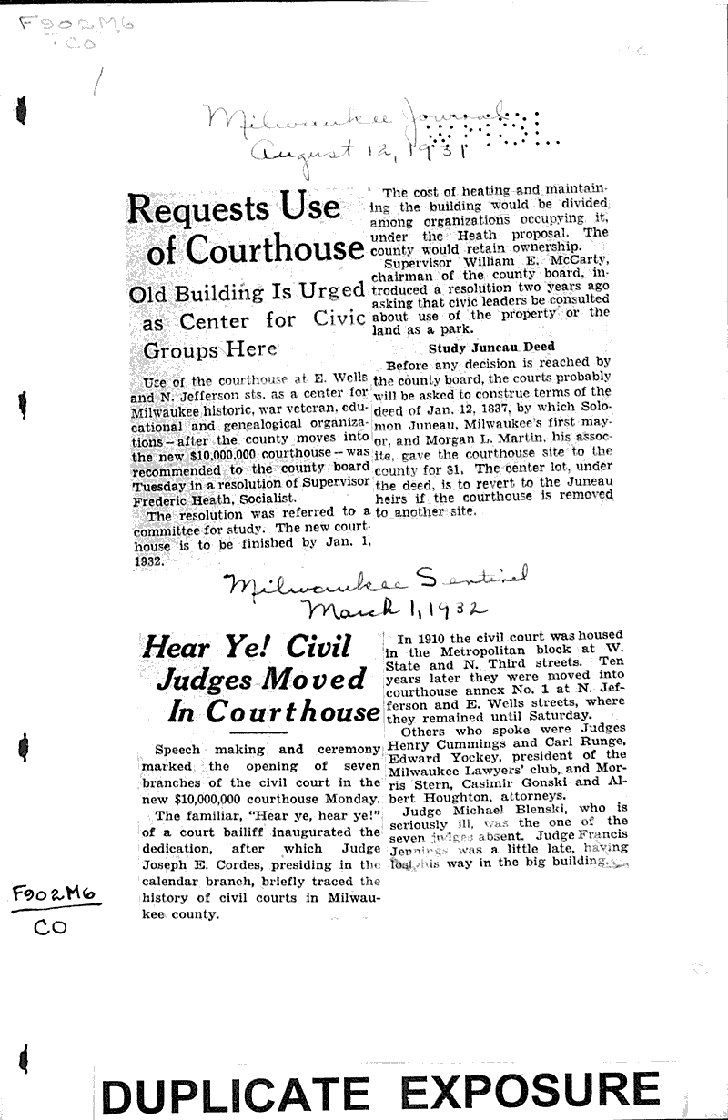 Hear ye! Civil judges moved in courthouse Source: Milwaukee Sentinel Topics: Architecture Date: 1932-03-01