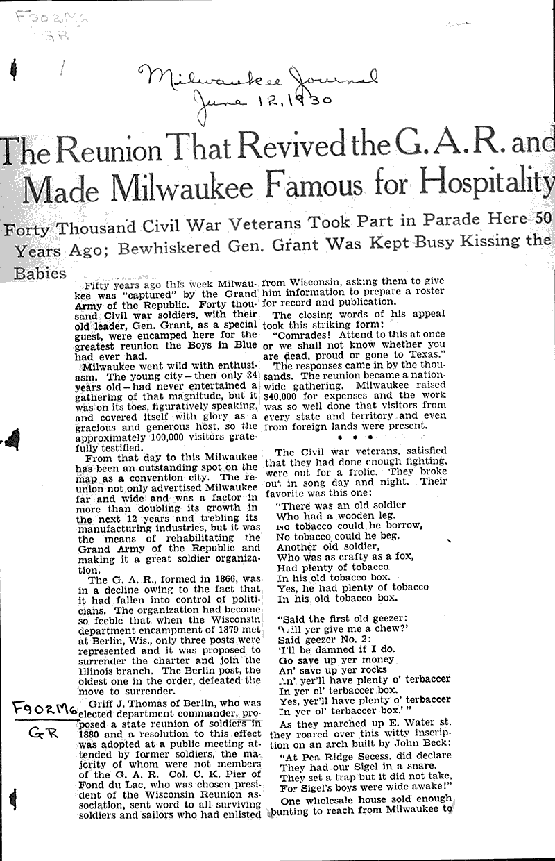 Source: Milwaukee Journal Topics: Civil War Date: 1930-06-12