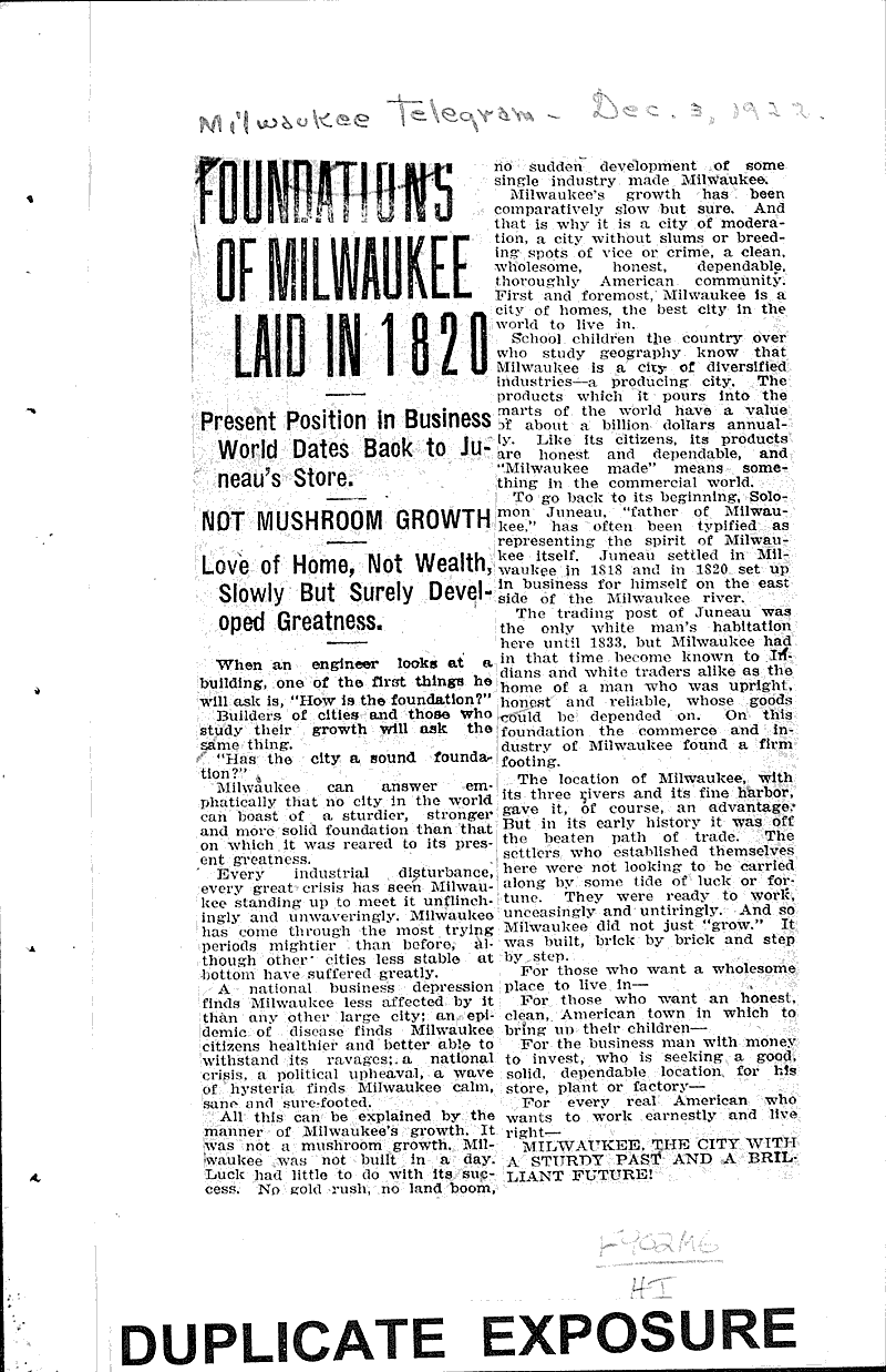 Foundations of Milwaukee laid in 1820 Newspaper Article/Clipping