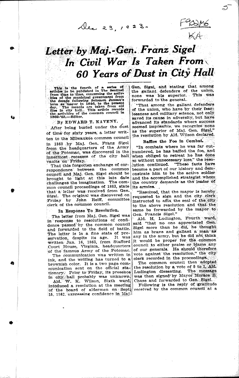  Source: Milwaukee Sentinel Topics: Civil War Date: 1923-12-23
