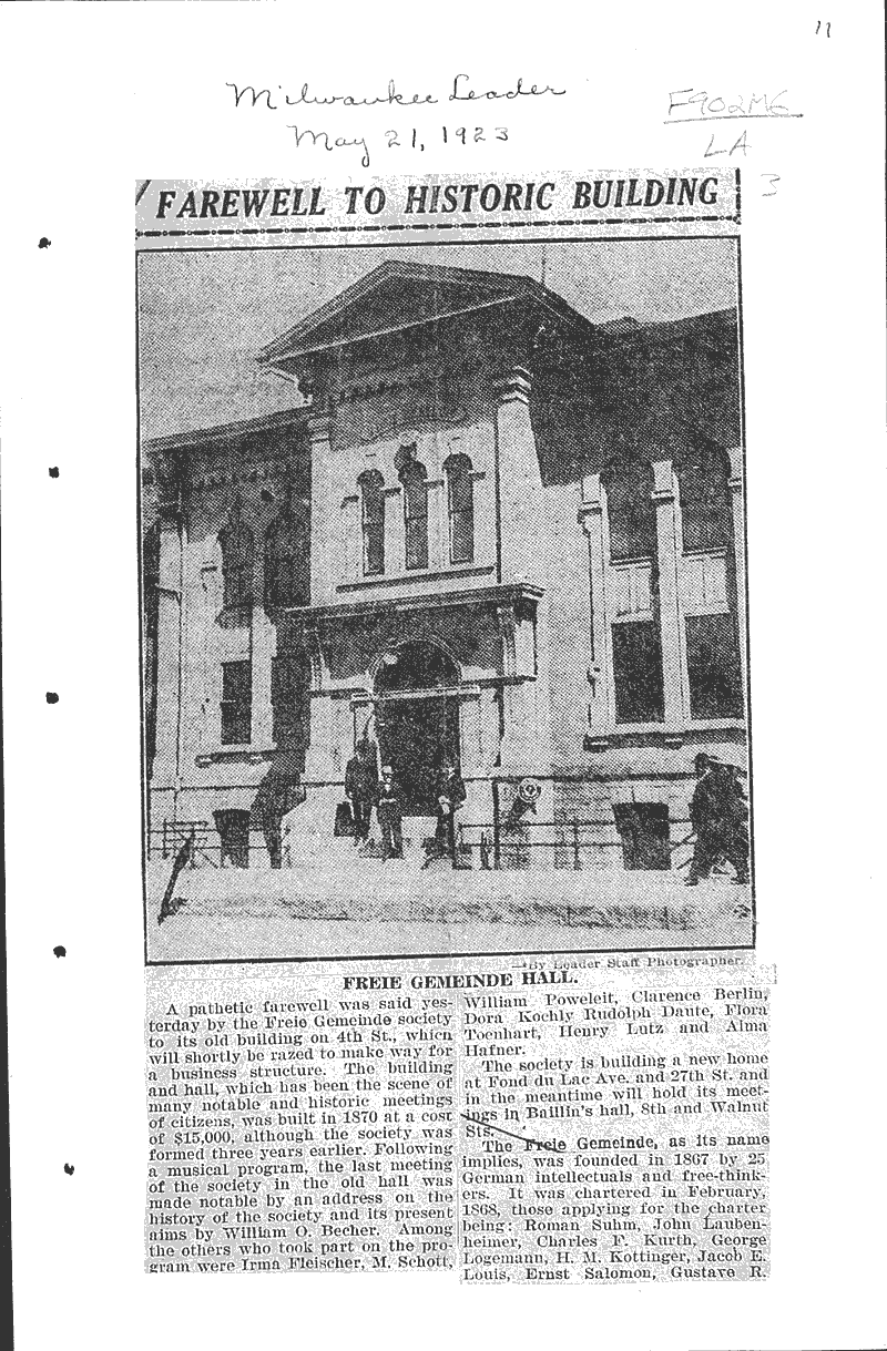 Farewell to historic building Source: Milwaukee Leader Topics: Architecture Date: 1923-05-21