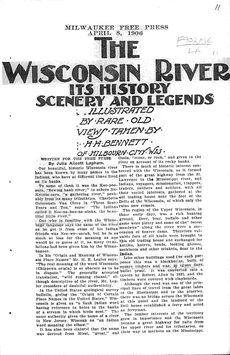 The Wisconsin river its history scenery and legends Newspaper Article