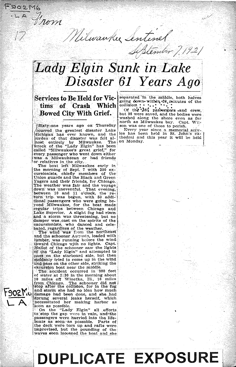 Lady Elgin sunk in lake disaster 61 years ago Newspaper Article