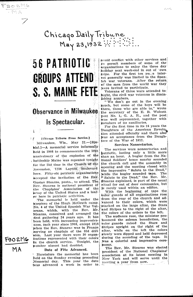 56 patriotic groups attend S.S. Maine fete Source: Chicago Daily Tribune Topics: Wars Date: 1932-05-23