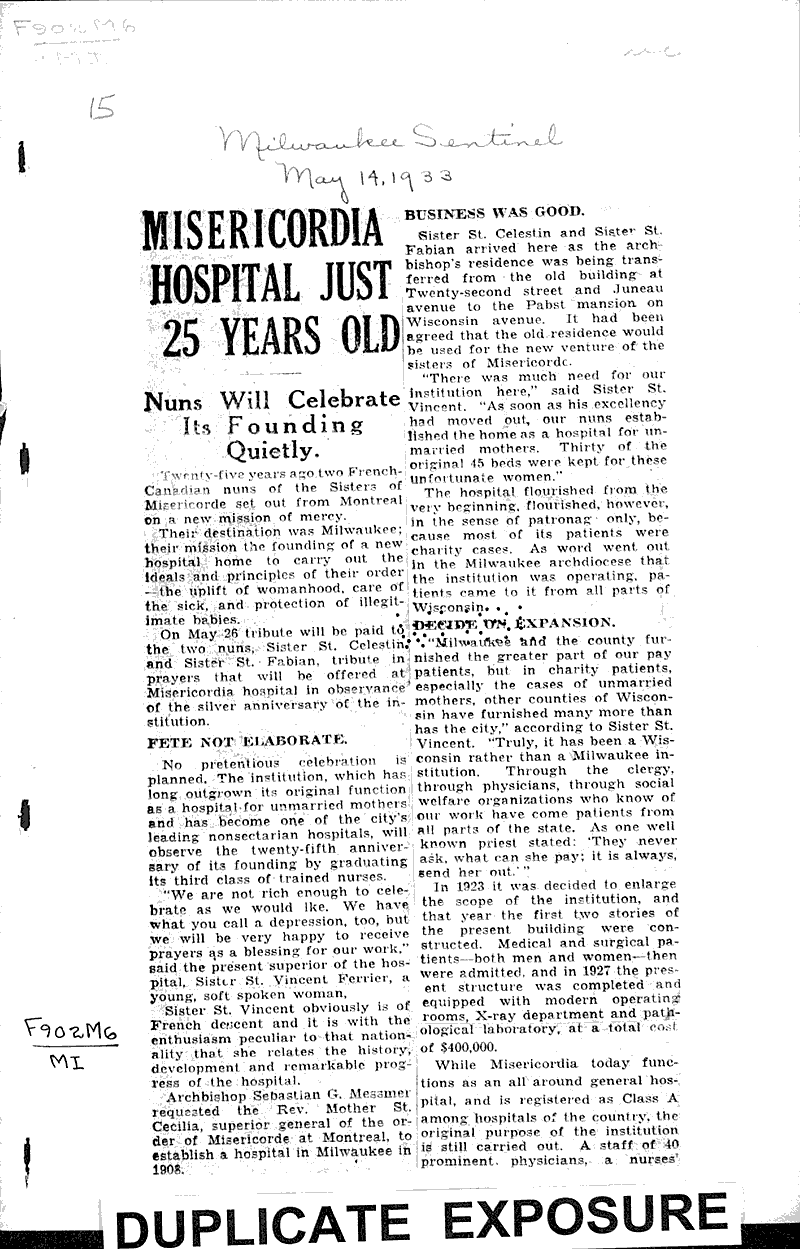  Source: Milwaukee Sentinel Topics: Church History Date: 1933-05-14
