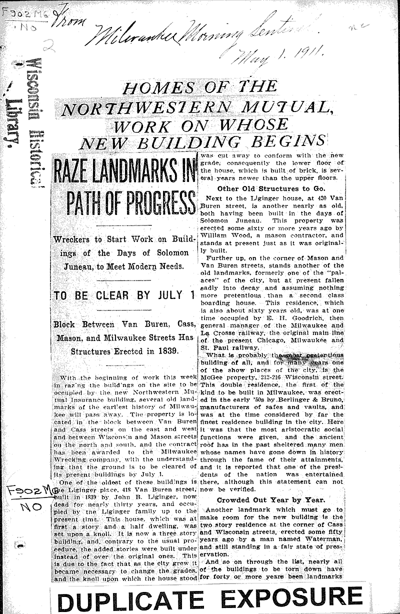  Source: Milwaukee Morning Sentinel Topics: Architecture Date: 1911-05-01