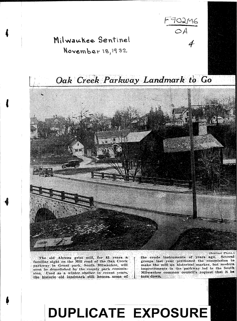 Oak Creek parkway landmark to go Source: Milwaukee Sentinel Topics: Architecture Date: 1932-11-18