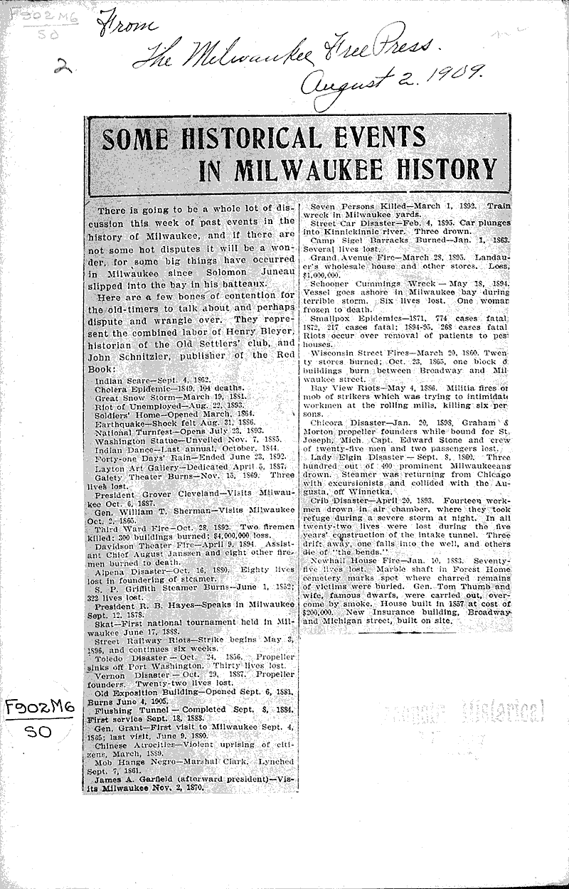 Some historical events in Milwaukee history Newspaper Article