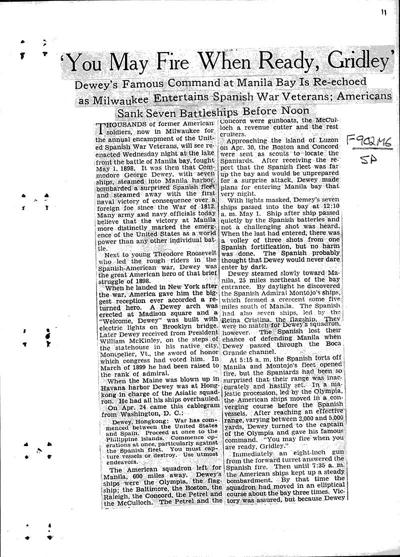 'You may fire when ready, Gridley' Newspaper Article/Clipping