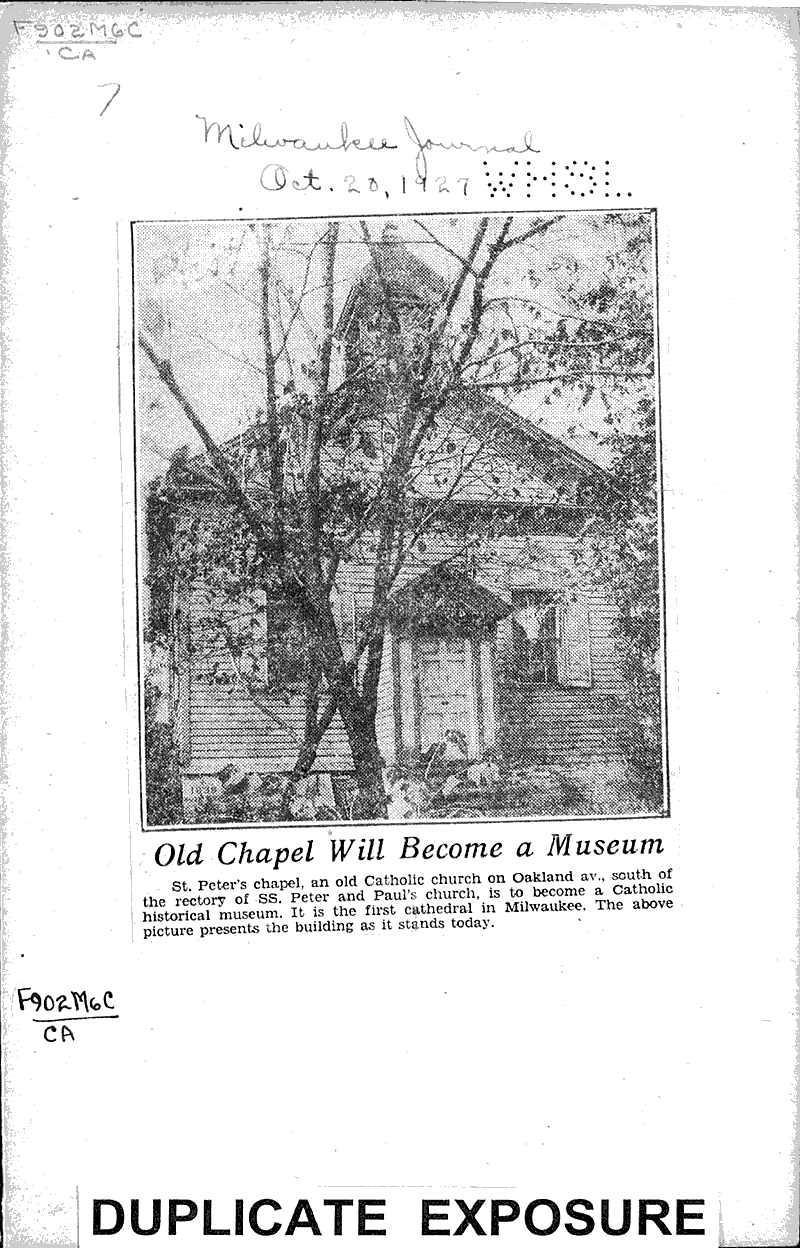  Source: Milwaukee Journal Topics: Church History Date: 1927-10-20