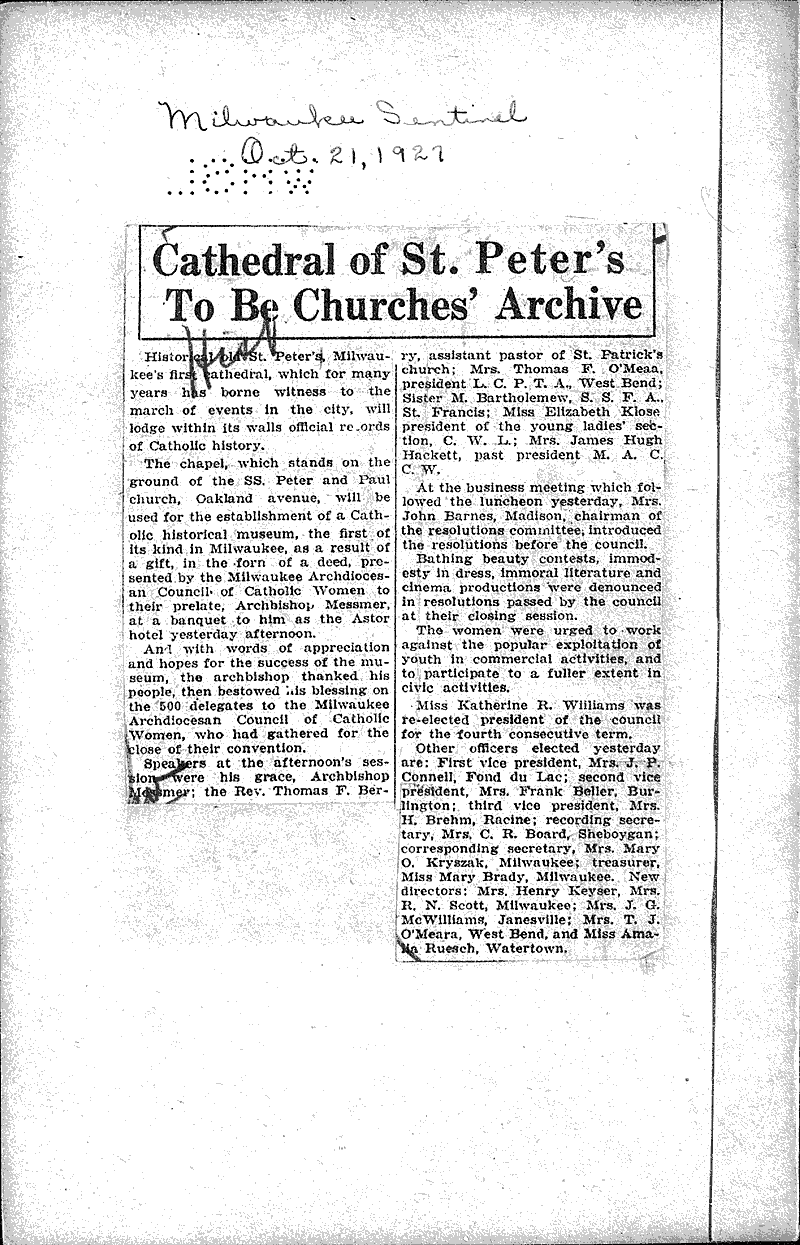  Source: Milwaukee Journal Topics: Church History Date: 1927-10-20