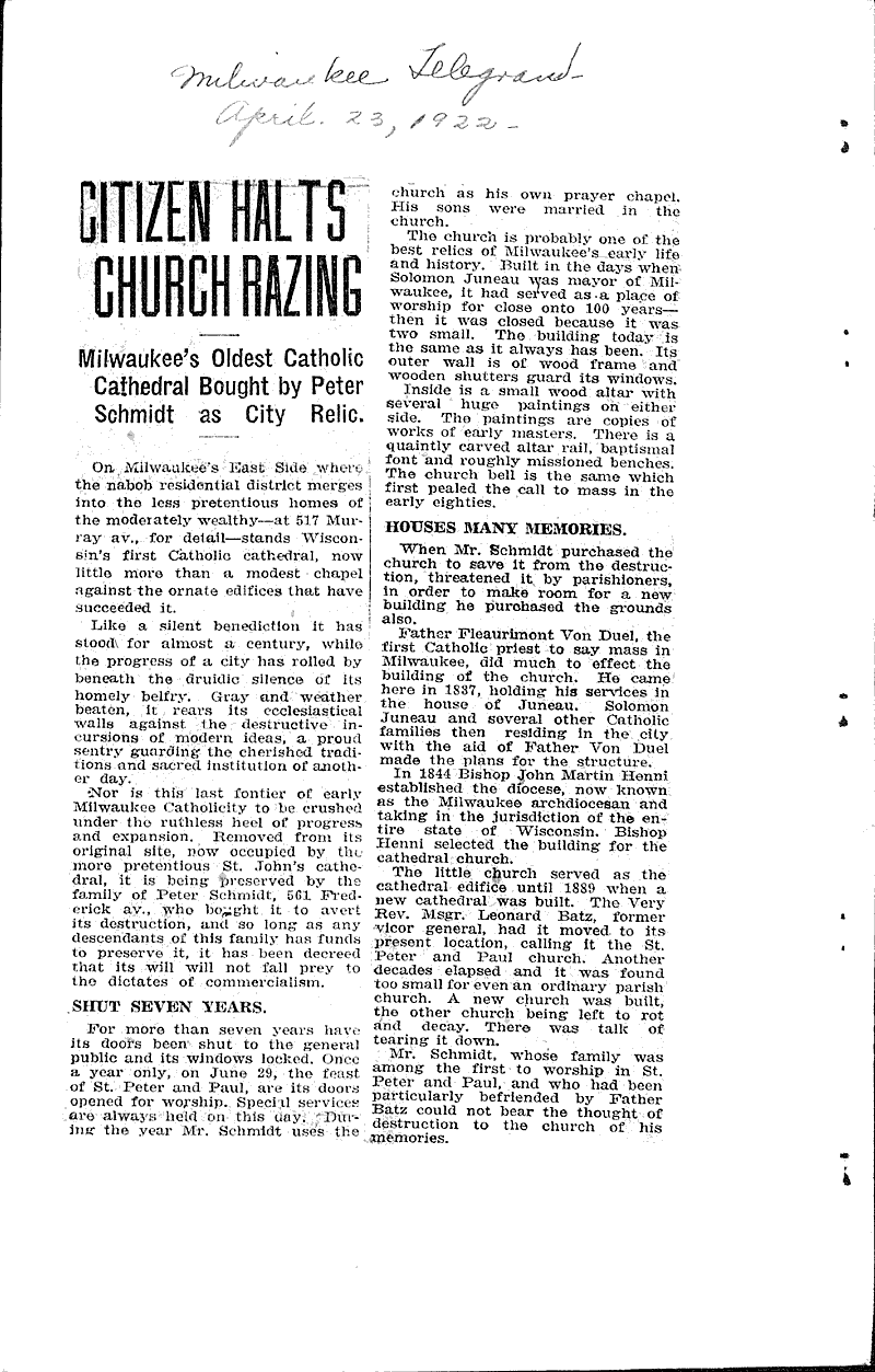  Source: Milwaukee Telegram Topics: Church History Date: 1922-04-23