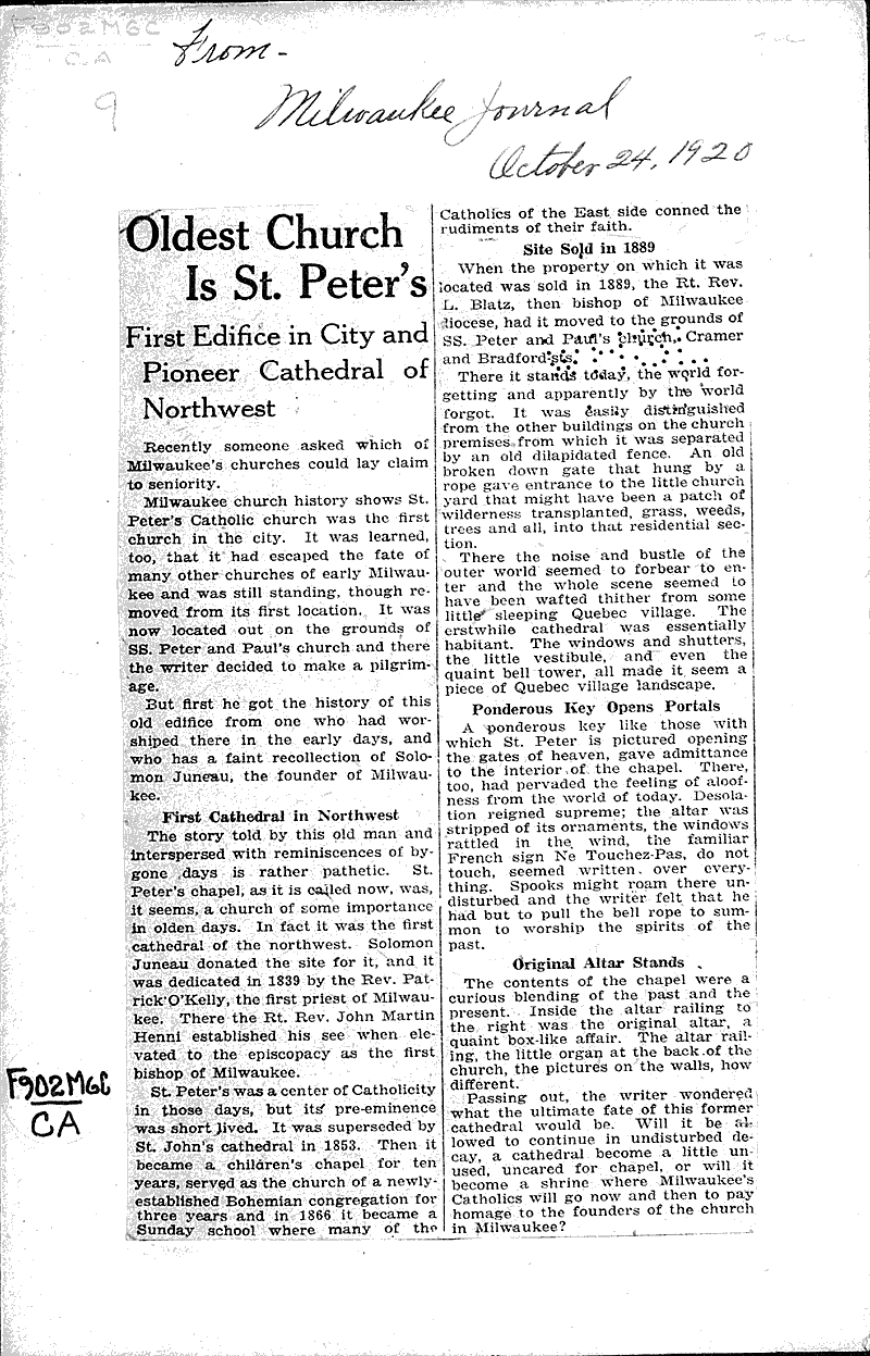  Source: Milwaukee Telegram Topics: Church History Date: 1922-04-23