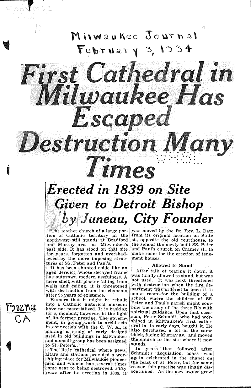 Source: Milwaukee Journal Topics: Church History Date: 1934-02-03