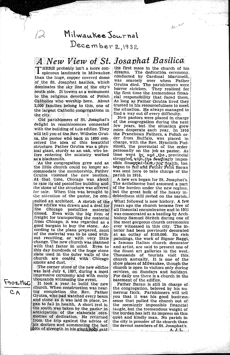  Source: Milwaukee Journal Topics: Church History Date: 1932-12-02