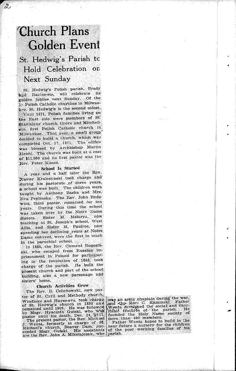  Source: Milwaukee Journal Topics: Church History Date: 1921-10-16