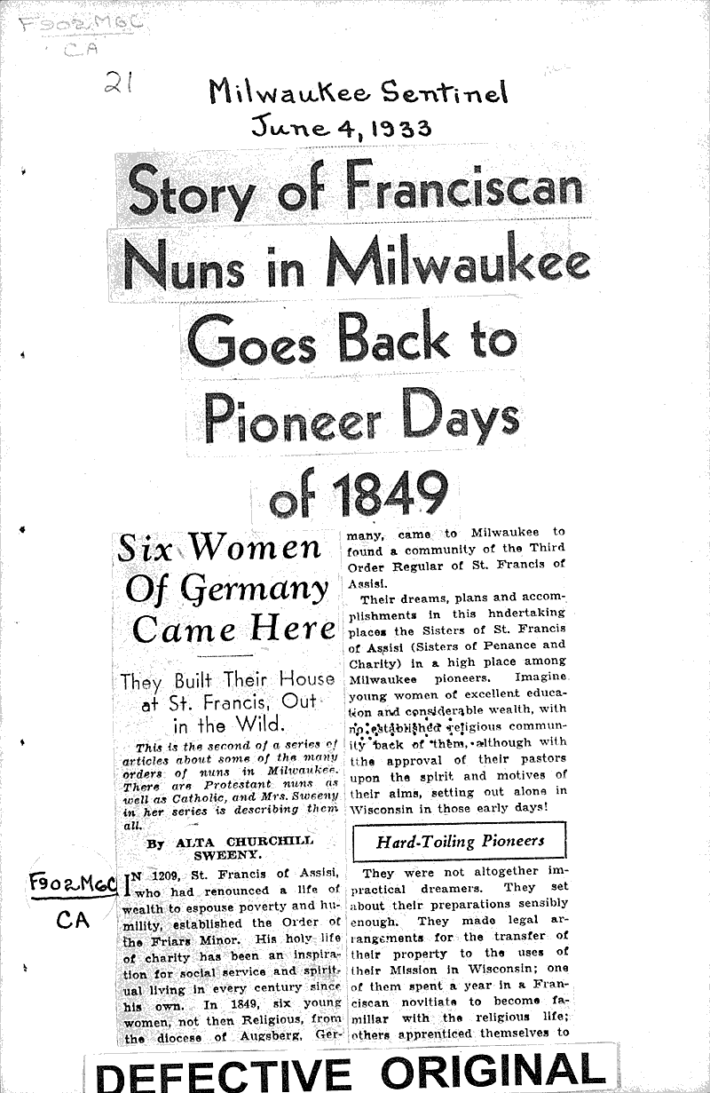  Source: Milwaukee Sentinel Topics: Church History Date: 1933-06-04