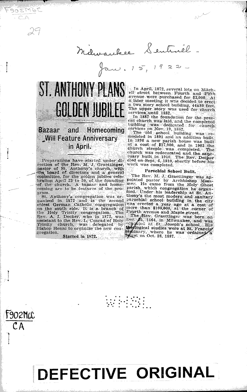  Source: Milwaukee Sentinel Topics: Church History Date: 1922-01-15