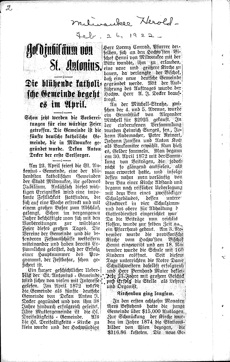  Source: Milwaukee Sentinel Topics: Church History Date: 1922-01-15