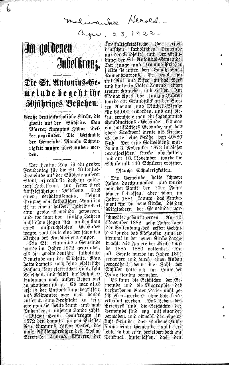  Source: Milwaukee Sentinel Topics: Church History Date: 1922-01-15