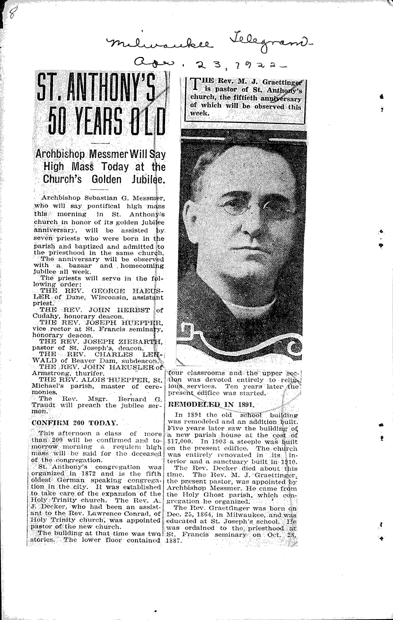  Source: Milwaukee Sentinel Topics: Church History Date: 1922-01-15