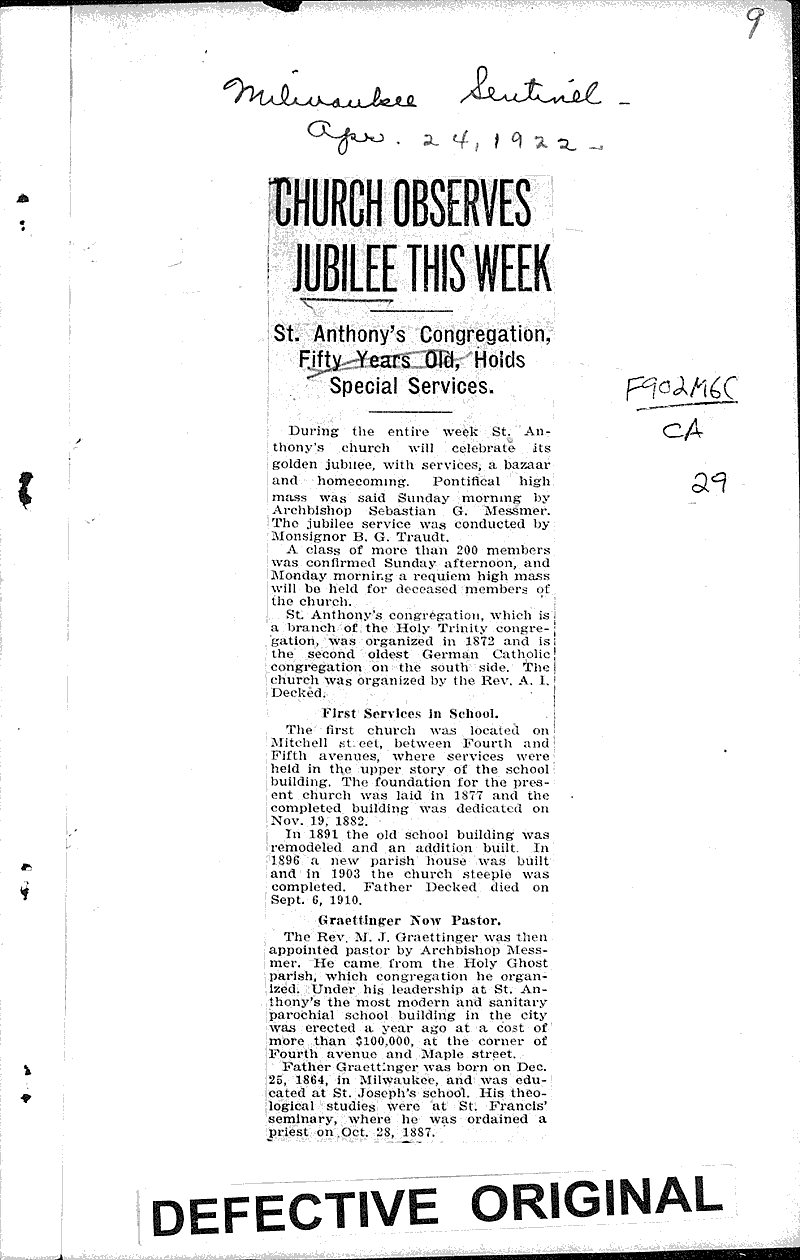  Source: Milwaukee Sentinel Topics: Church History Date: 1922-01-15
