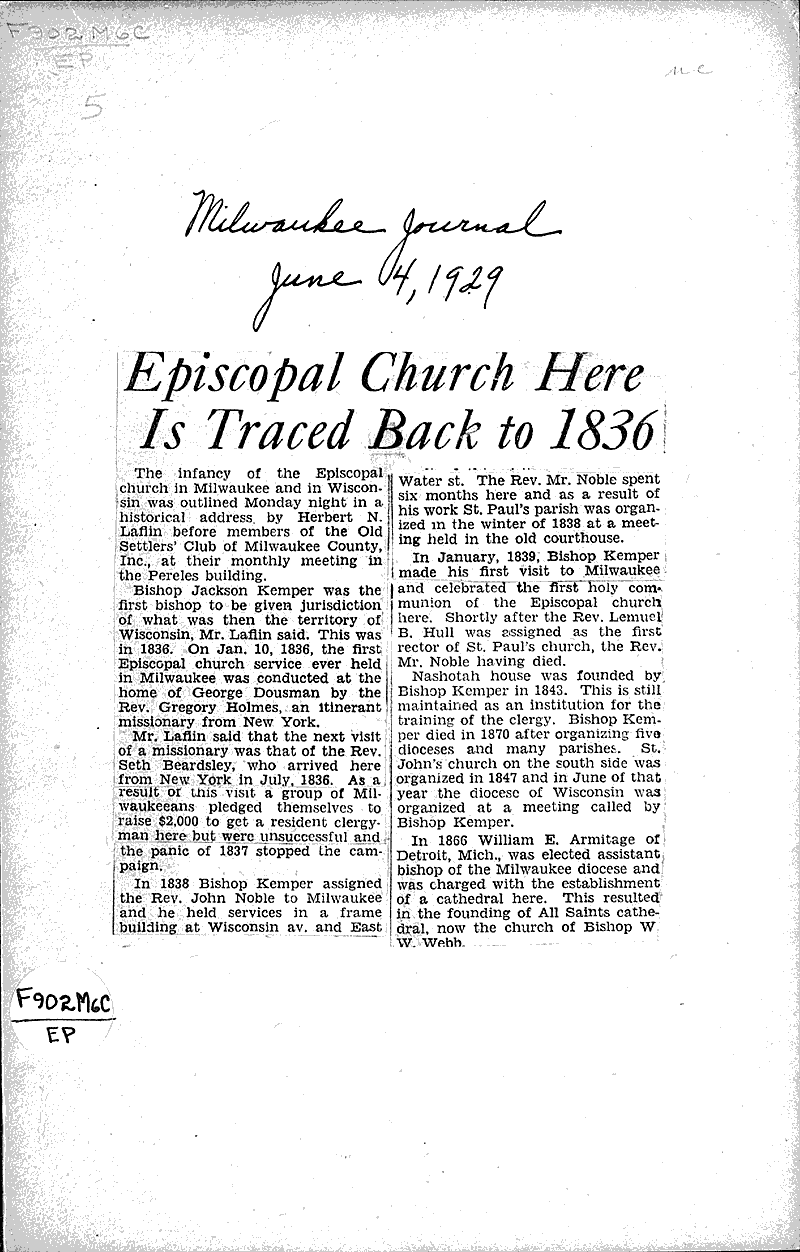  Source: Milwaukee Journal Topics: Church History Date: 1929-06-04