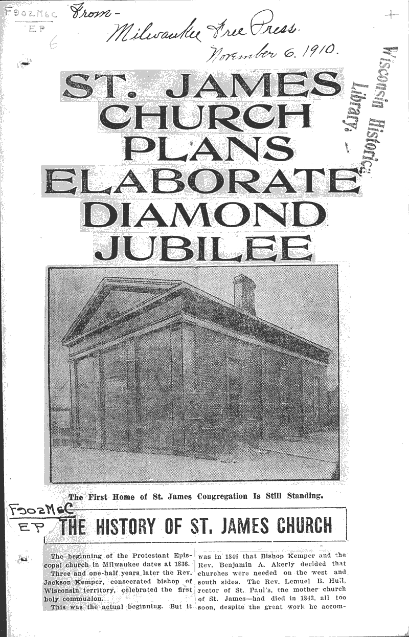  Source: Milwaukee Free Press Topics: Church History Date: 1910-11-06