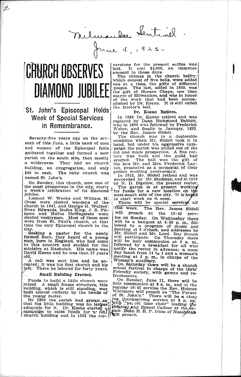  Source: Milwaukee Journal Topics: Church History Date: 1922-06-01