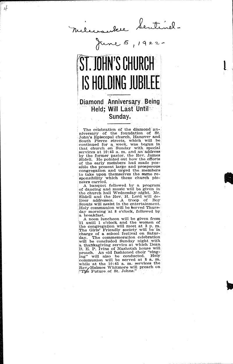  Source: Milwaukee Journal Topics: Church History Date: 1922-06-01