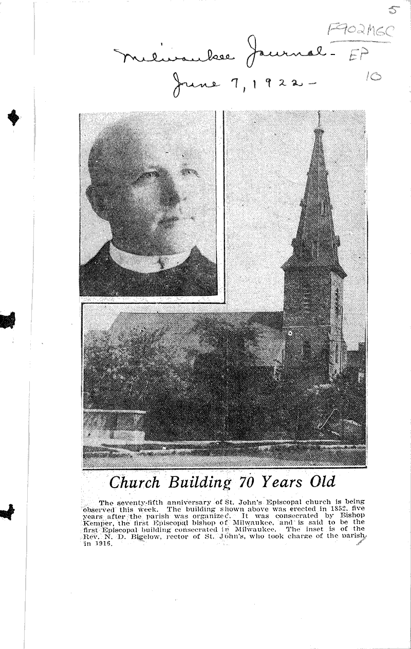  Source: Milwaukee Journal Topics: Church History Date: 1922-06-01