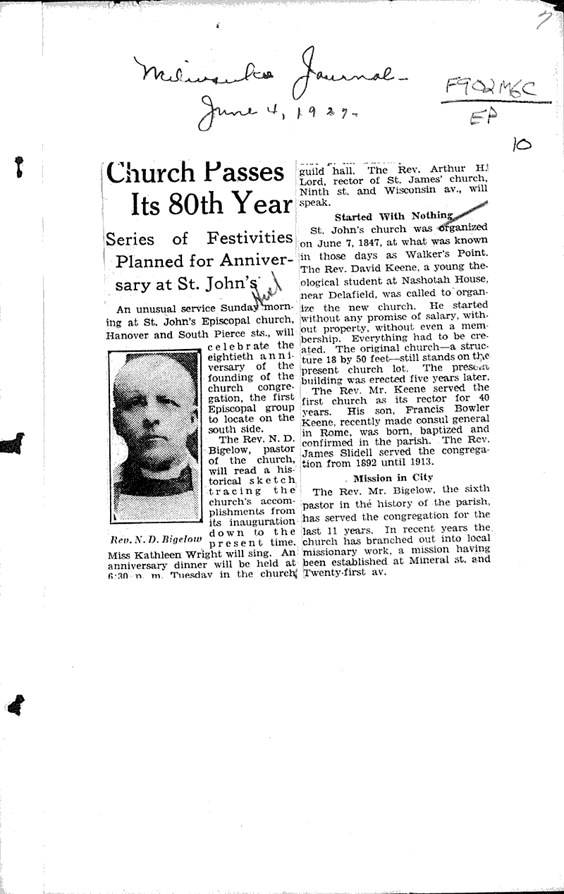  Source: Milwaukee Journal Topics: Church History Date: 1922-06-01
