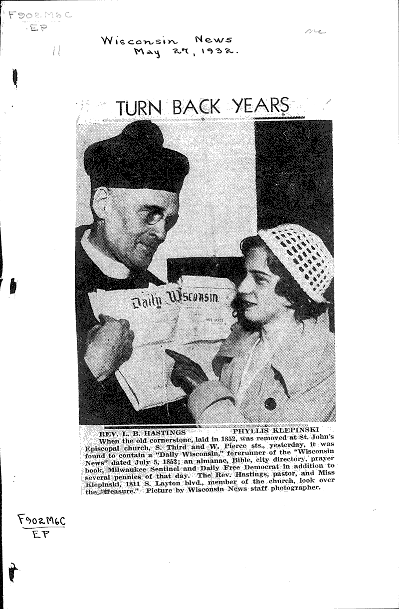  Source: Milwaukee Journal Topics: Church History Date: 1922-06-01