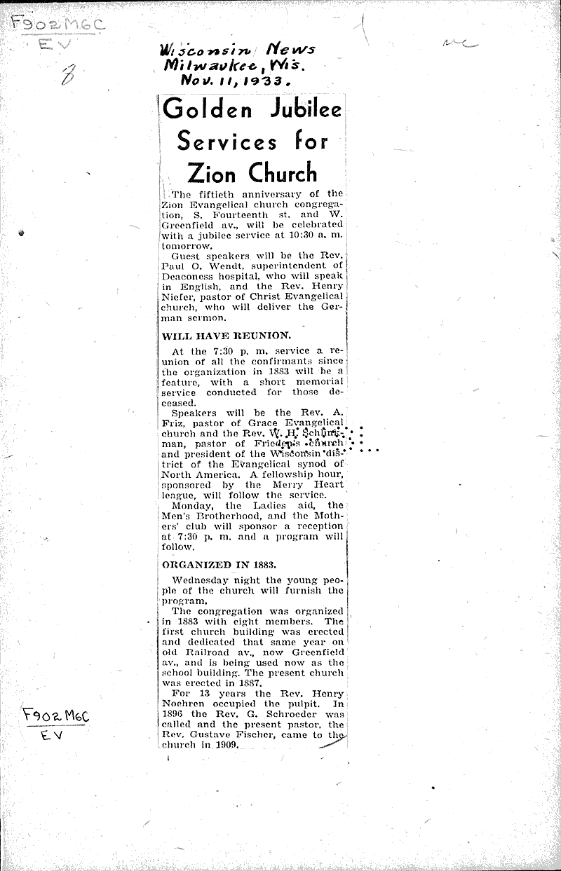  Source: Wisconsin News Topics: Church History Date: 1933-11-11