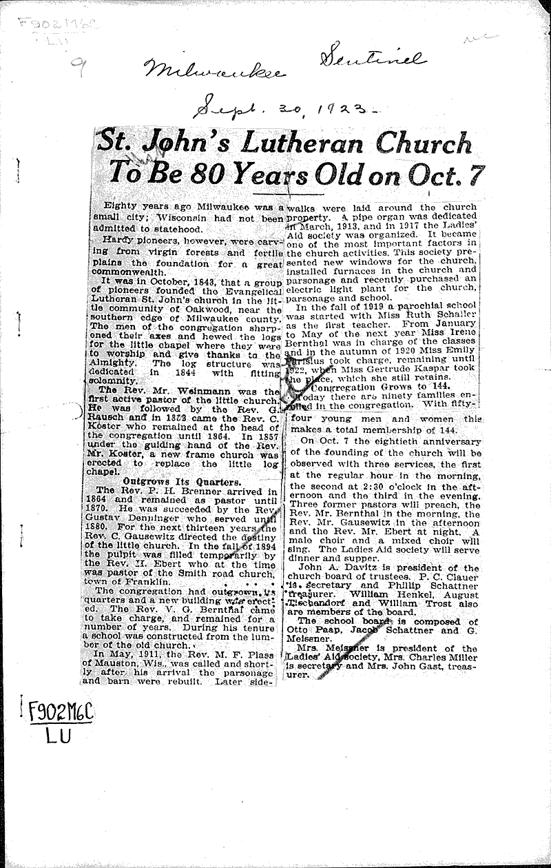  Source: Milwaukee Sentinel Topics: Church History Date: 1923-09-30