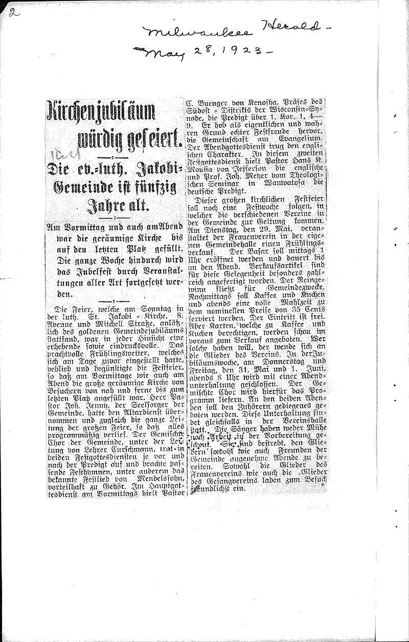  Source: Milwaukee Sentinel Topics: Church History Date: 1923-09-30