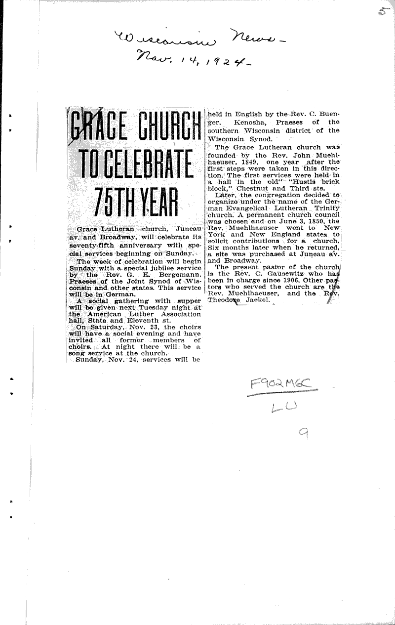  Source: Milwaukee Sentinel Topics: Church History Date: 1923-09-30