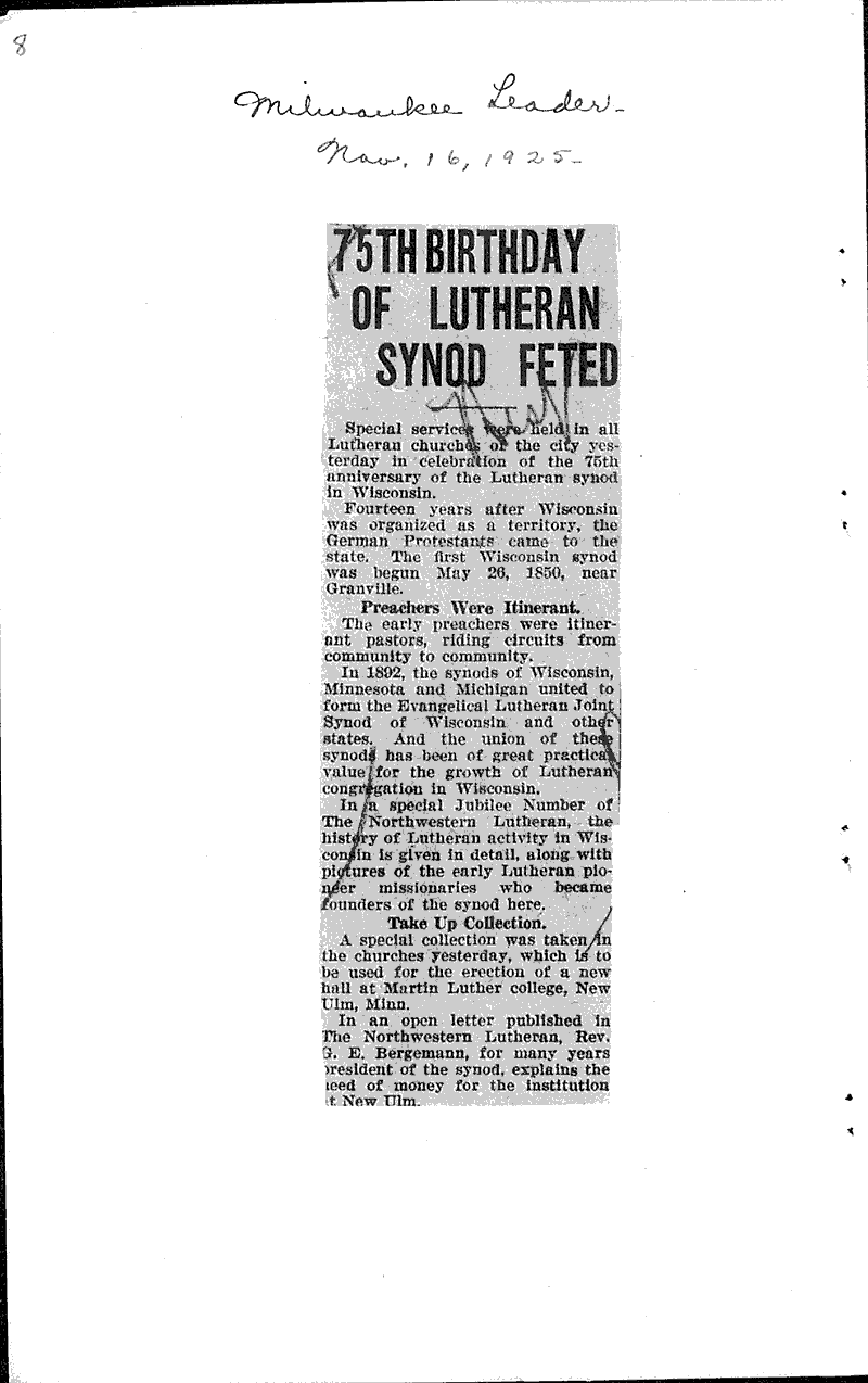  Source: Milwaukee Sentinel Topics: Church History Date: 1923-09-30