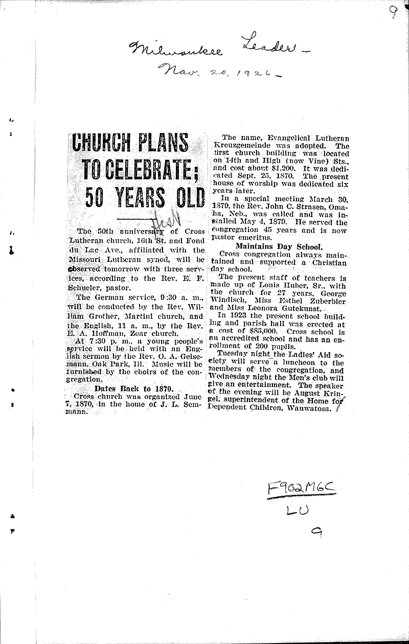  Source: Milwaukee Sentinel Topics: Church History Date: 1923-09-30