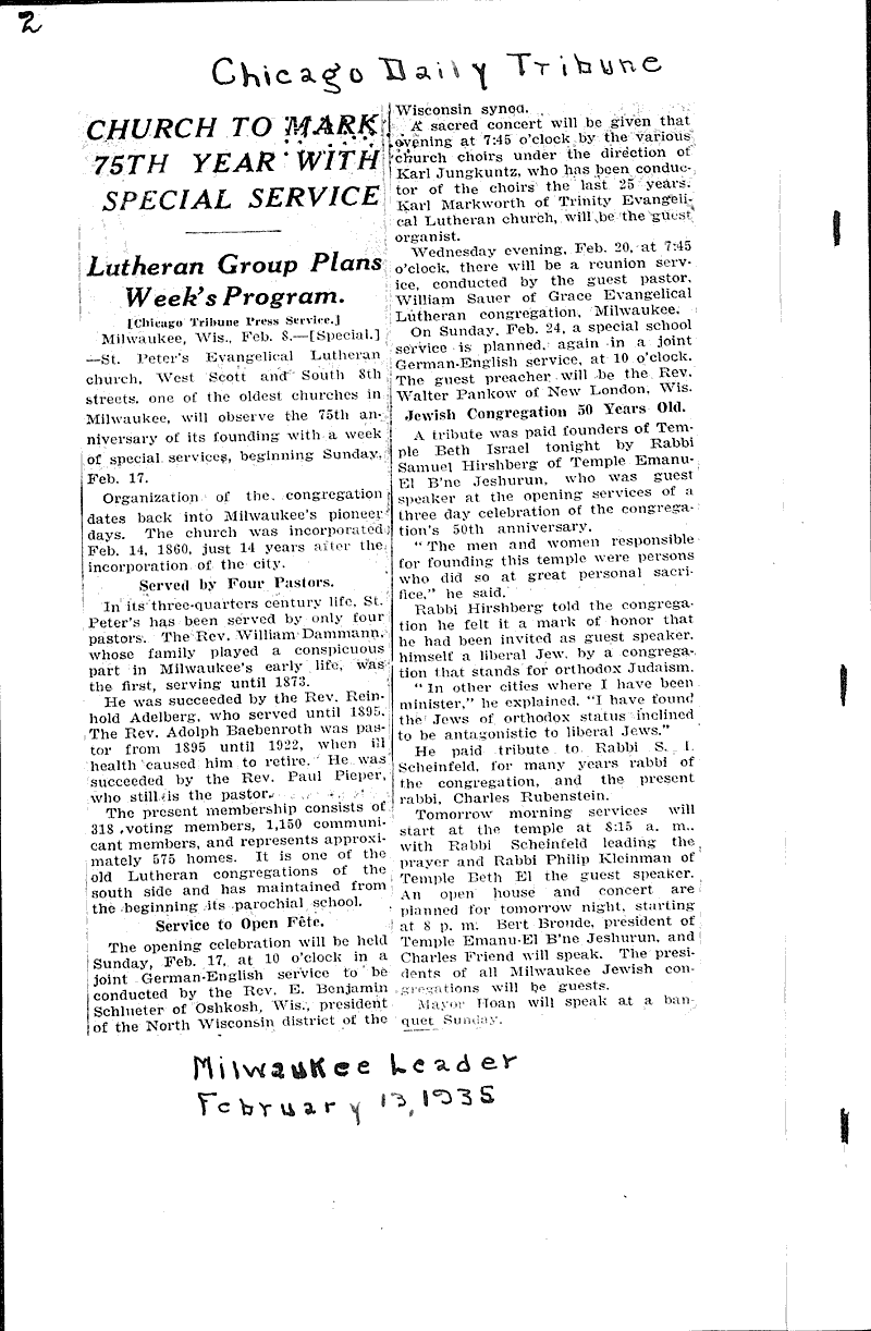  Source: Wisconsin News Topics: Church History Date: 1935-02-09