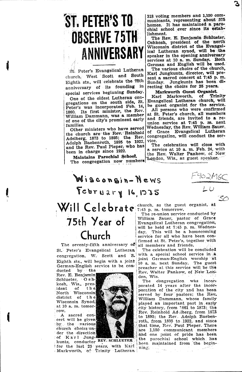  Source: Wisconsin News Topics: Church History Date: 1935-02-09