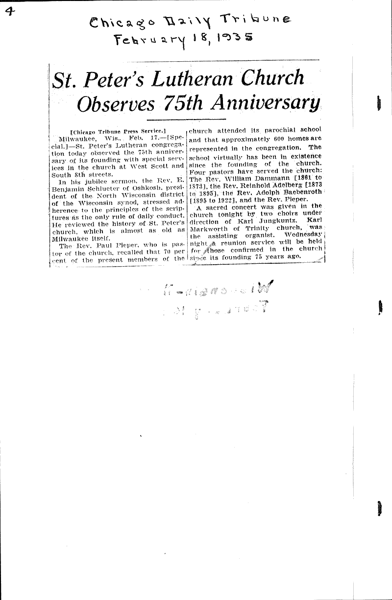  Source: Wisconsin News Topics: Church History Date: 1935-02-09