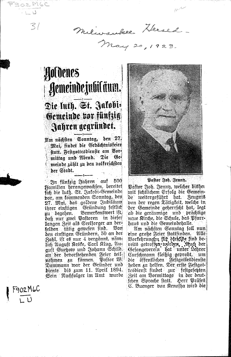  Source: Milwaukee Herold Topics: Church History Date: 1923-05-20
