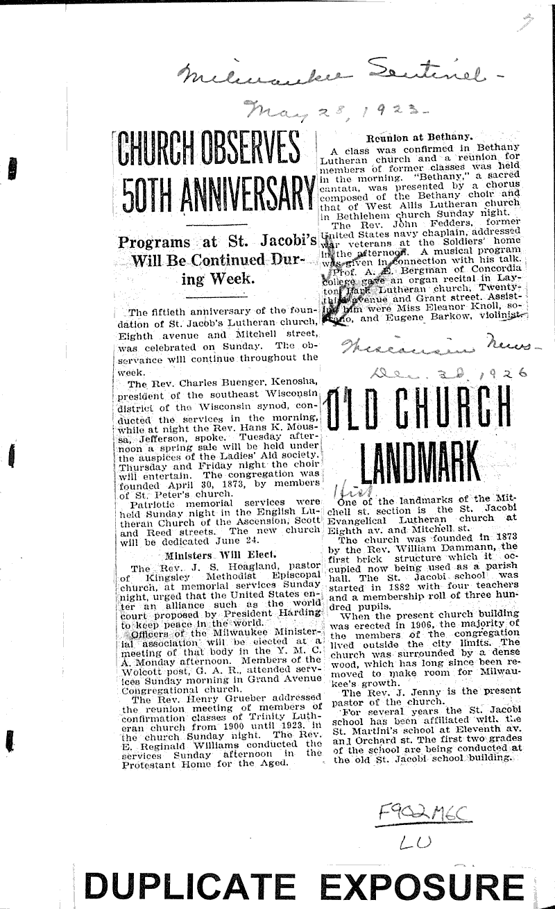  Source: Milwaukee Sentinel Topics: Church History Date: 1923-05-28