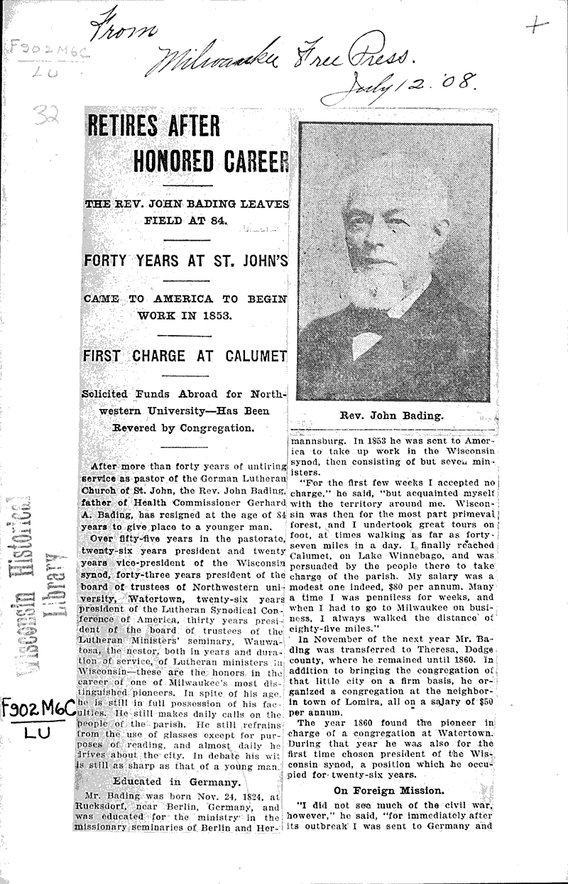  Source: Milwaukee Free Press Topics: Church History Date: 1908-07-12
