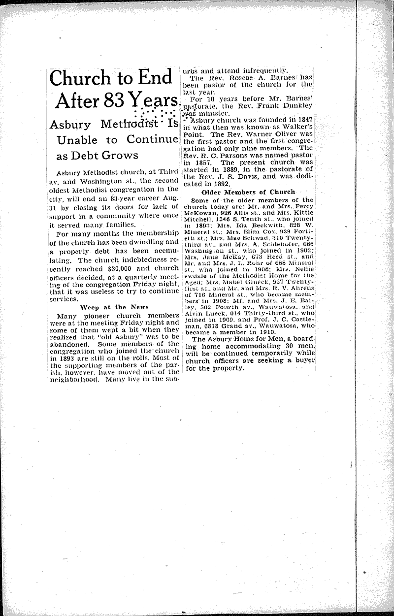  Source: Milwaukee Journal Topics: Church History Date: 1930-08-23